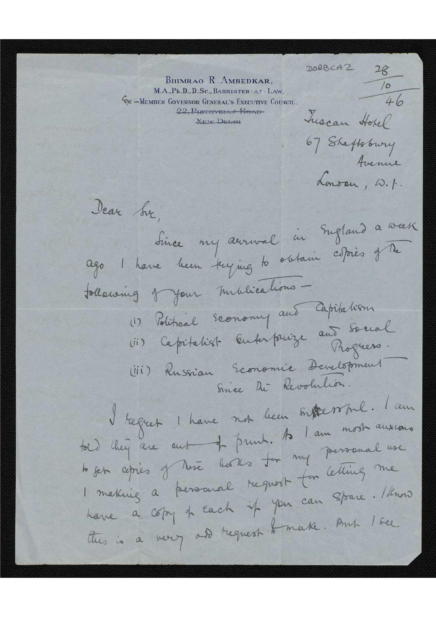 Letter from Dr. Ambedkar to Maurice Dobb, page 1